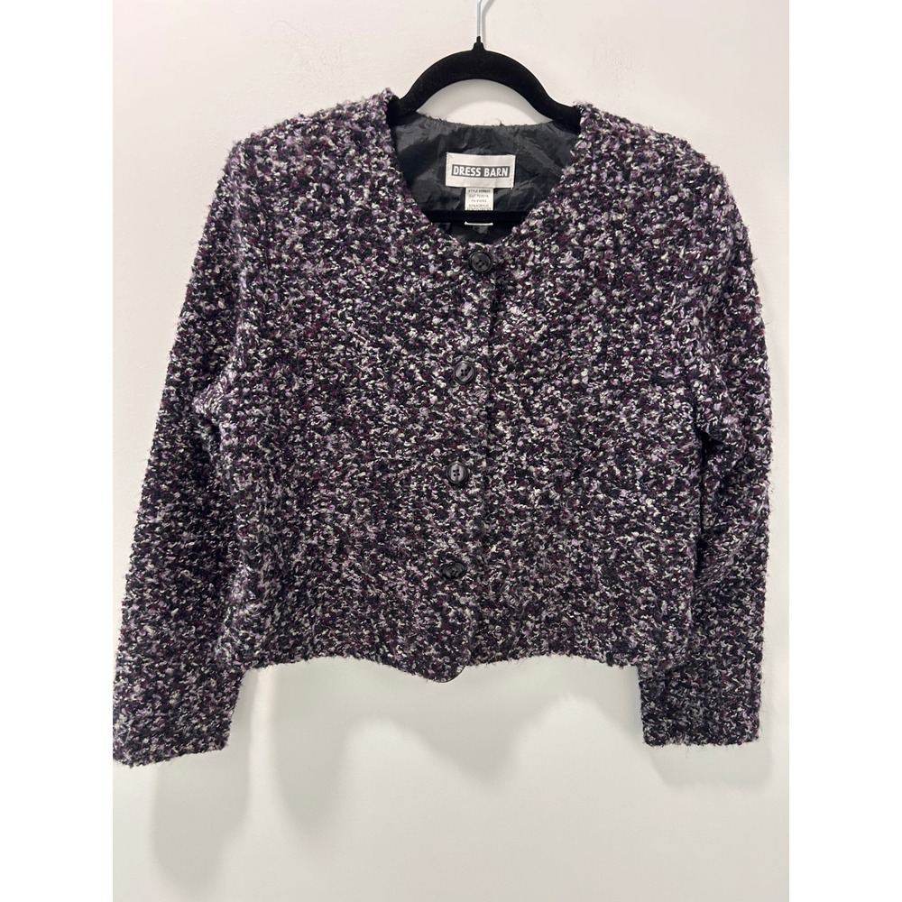 Dress Barn Purple Black Boucle Knit Button Front Cardigan Jacket Medium 89B020